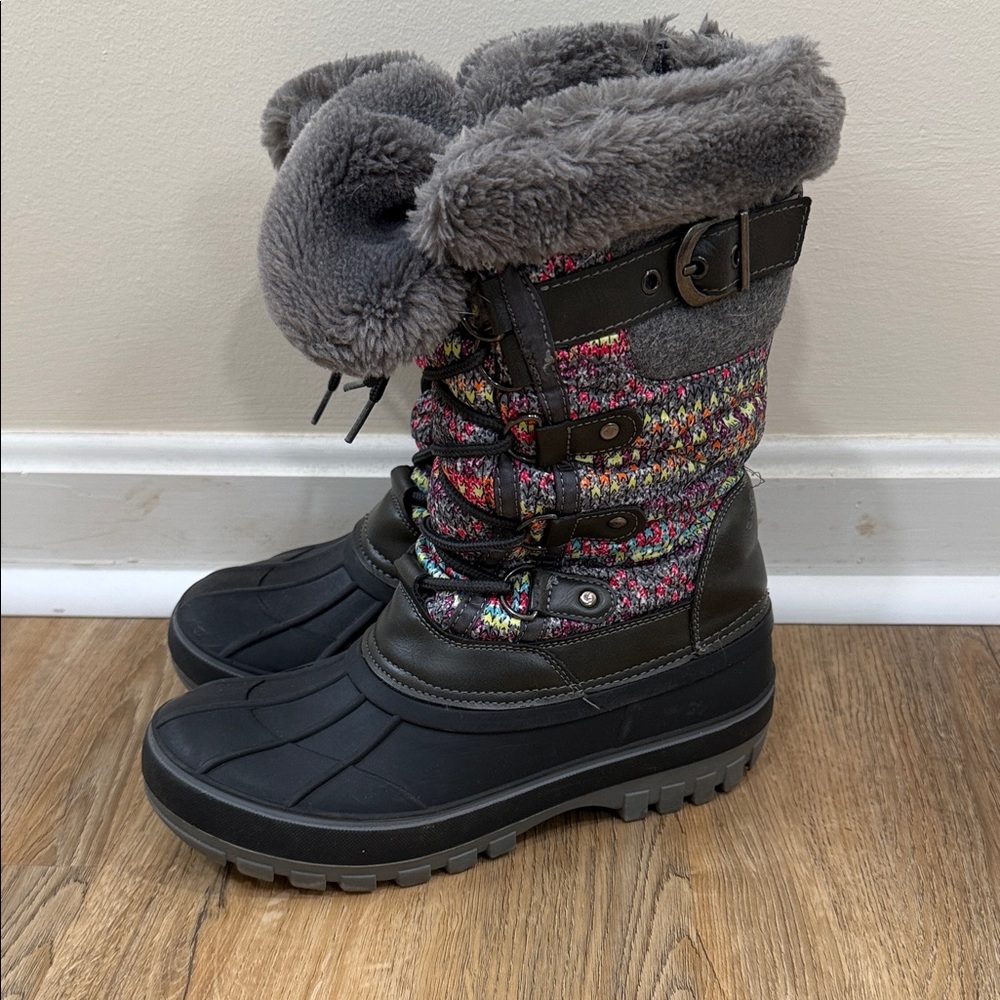 Dream Pairs Gray Winter Rain Boots with Multicolor Knit Panels
